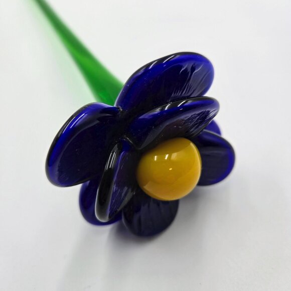 Art Glass Flower Hand Blown Dark Blue Yellow Long Green Stem Flower With Leaf - Picture 9 of 16